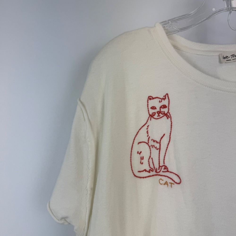 Anthropologie Cream Short Sleeve Tee with Red Cat Embroideries - Picture 5 of 14